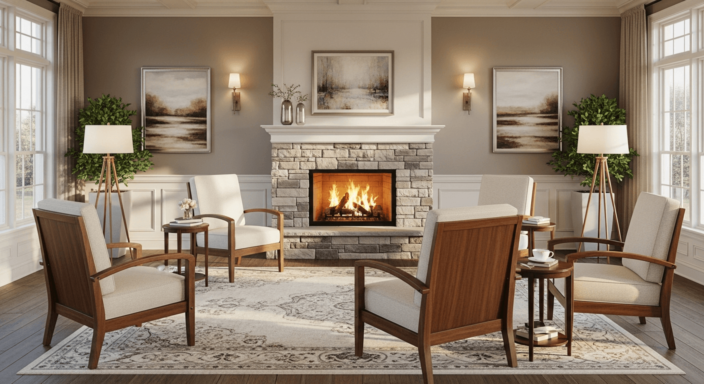 Luxury senior living lounge with DuraCare wood-grain chairs